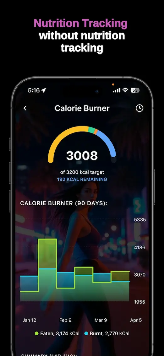 Calorie Burner screen showing smart workout logging with calorie tracking and nutrition inference