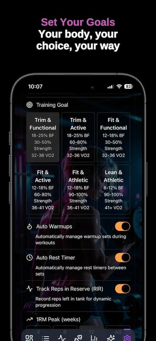 Training Goals screen showing personalised goal setting and progress tracking