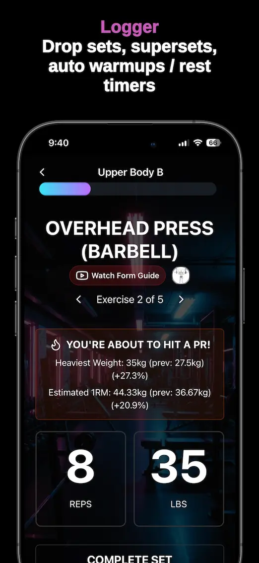 Logger screen showing smart workout logging interface